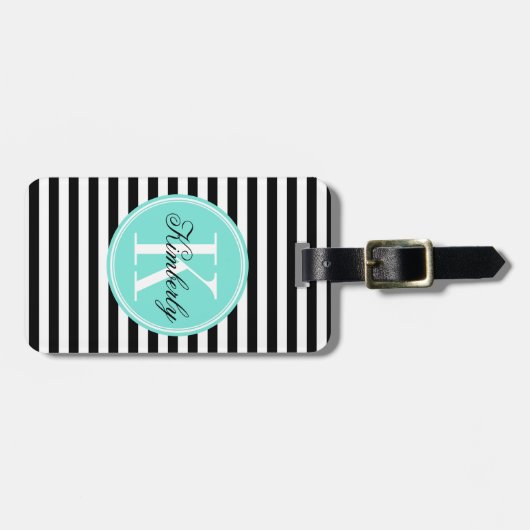 Schwarzweiss-Streifen mit Türkis-Monogramm Gepäckanhänger (Vorderseite horizontal)