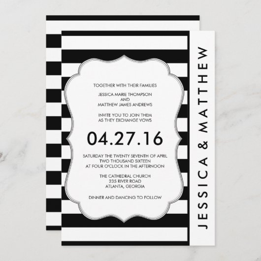 Schwarzweiss-Streifen-moderne Hochzeits-Einladung Einladung (Vorne/Hinten)