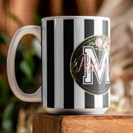 Schwarzweiß Streifen pink Floral Monogramm Kaffeetasse
