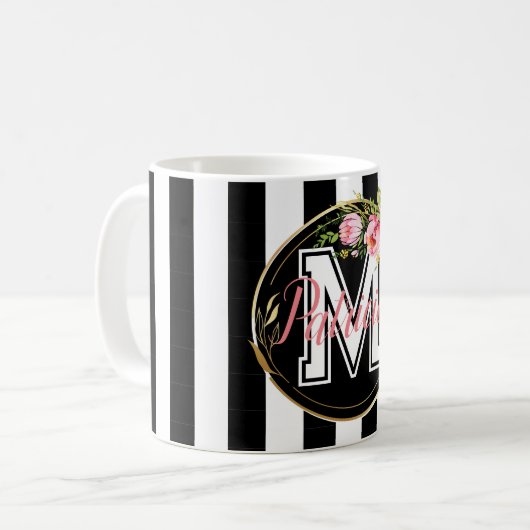 Schwarzweiß Streifen pink Floral Monogramm Kaffeetasse (Vorderseite Links)