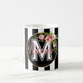 Schwarzweiß Streifen pink Floral Monogramm Kaffeetasse (Mittel)