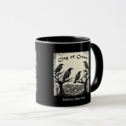 Schwarzweiß-Tasse mit City of Crows Graphic Tasse (VorderseiteRechts)