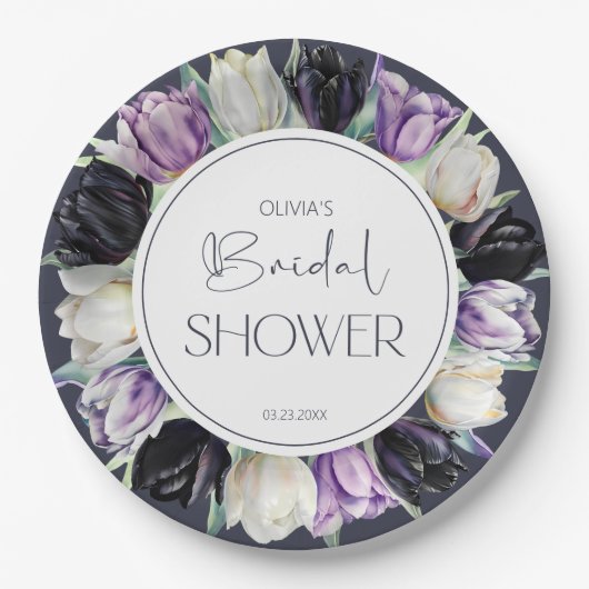 Schwarzweiß-Tulpen-Brautparty Pappteller (Vorderseite)