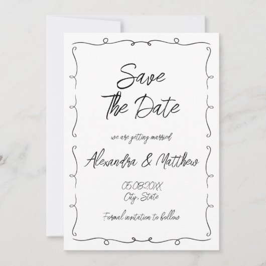 Schwarzweiß und Weiß, handgezogen Save The Date (Vorderseite)