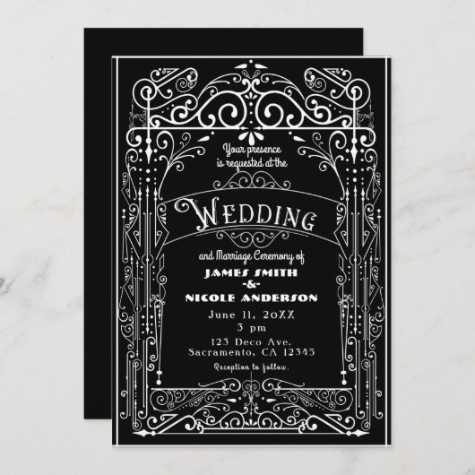 Schwarzweiß-Vintage Viktorianische Deko-Hochzeit Einladung (Vorne/Hinten)