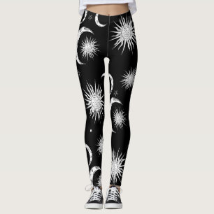 Schwarzweiß Whimsical Sonne Mond und Sterne Leggings