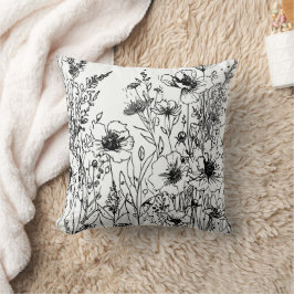 Schwarzweiß-Wildblumen Kissen