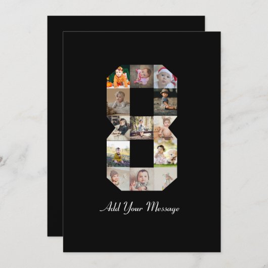 Schwarzweiß-Zahl 8-FotoCollage Dankeskarte (Vorne/Hinten)
