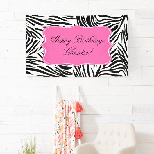 Schwarzweiß-Zebra-Print mit Hot Rosa zum Geburtsta Banner (Insitu)