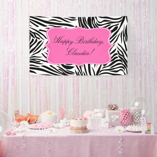 Schwarzweiß-Zebra-Print mit Hot Rosa zum Geburtsta Banner (Party)