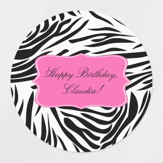 Schwarzweiß-Zebra-Print mit Hot Rosa zum Geburtsta Etiketten (Design 2)