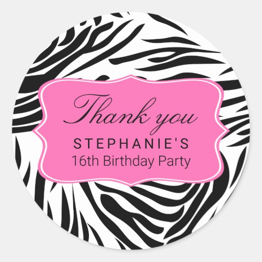 Schwarzweiß-Zebra-Print mit Hot Rosa zum Geburtsta Runder Aufkleber (Vorderseite)
