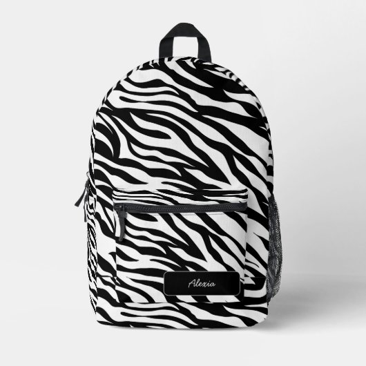 Schwarzweiß Zebra Print Preppy Individuelle Name Bedruckter Rucksack (Vorderseite)