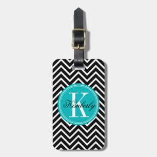 Schwarzweiss-Zickzack mit aquamarinem Monogramm Gepäckanhänger