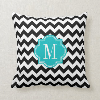 Schwarzweiss-Zickzack mit aquamarinem Monogramm Kissen