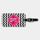 Schwarzweiss-Zickzack mit heißes Rosa-Monogramm Gepäckanhänger (Vorderseite horizontal)