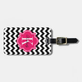 Schwarzweiss-Zickzack mit heißes Rosa-Monogramm Gepäckanhänger (Vorderseite horizontal)