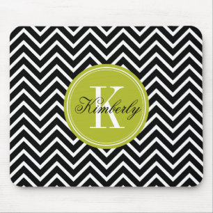 Schwarzweiss-Zickzack mit Limonem grünem Monogram Mousepad