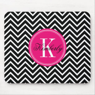 Schwarzweiss-Zickzack mit rosa Monogramm Mousepad