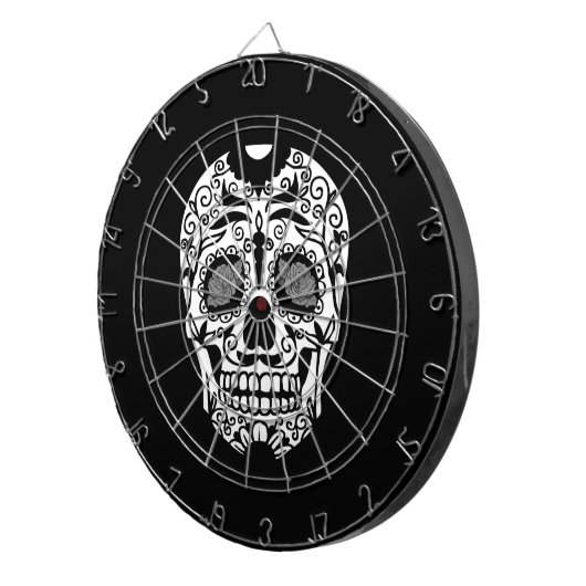 Schwarzweiss-Zuckerschädel mit Rosen-Augen Dartscheibe (Vorderseite rechts)