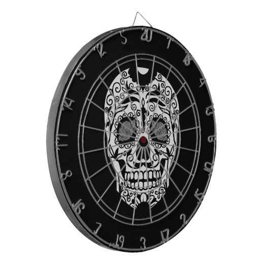 Schwarzweiss-Zuckerschädel mit Rosen-Augen Dartscheibe (Vorderseite Links)