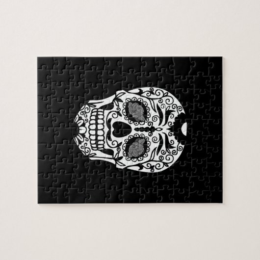Schwarzweiss-Zuckerschädel mit Rosen-Augen Puzzle (Horizontal)