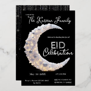 Schwarzweiße elegante Crescent Eid Party-Einladung Folien Feiertagskarte