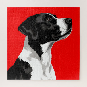 Schwarzweißer Hund auf knallrotem Hintergrund Puzzle