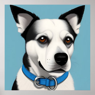 Schwarzweißer Hund mit blauem Halsband Poster