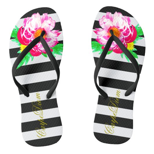Schwarzweißflip Flops Wasserfarbe Peony Carpe Diem Badesandalen (Fußbett)