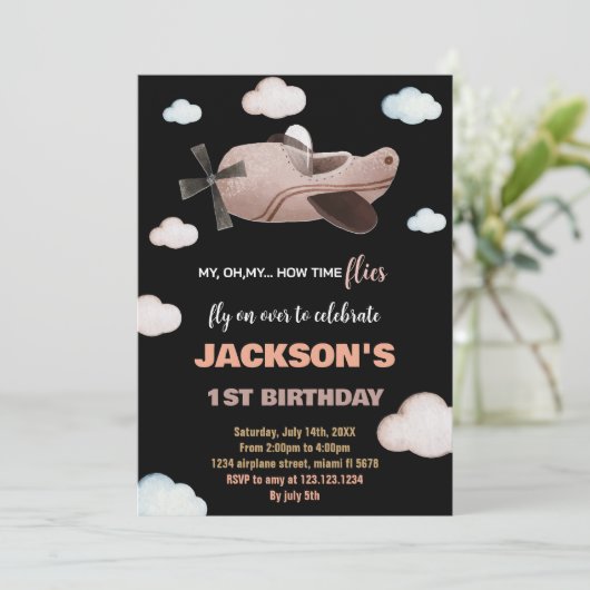 Schwarzweißflugzeug Einladung zum Geburtstag (Stehend Vorderseite)