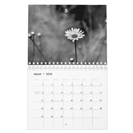 Schwarzweißfotografie der Blume Kalender (Mär 2026)