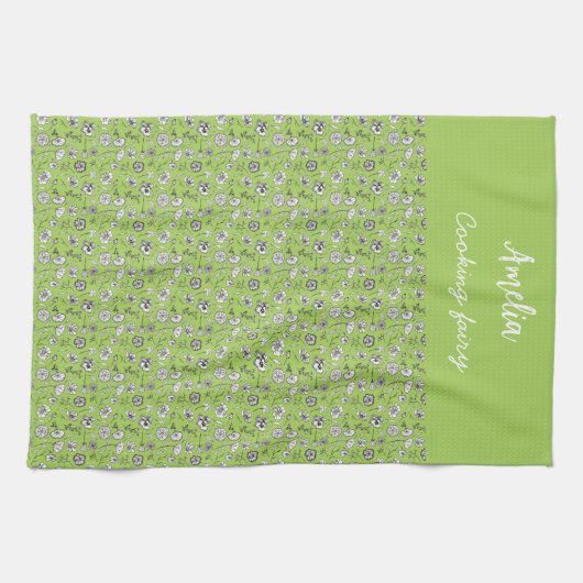 Schwarzweißhandgezeichnete Blume auf grünem Muster Geschirrtuch (Horizontal)