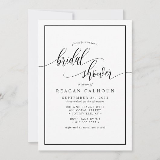 Schwarzweißkalligrafie-Script-Brautparty I Einladung (Vorderseite)