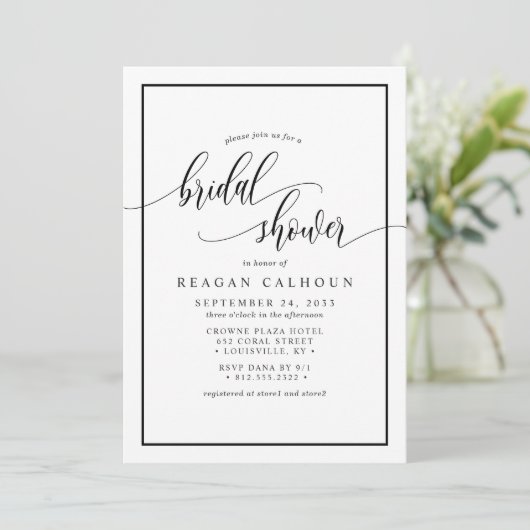 Schwarzweißkalligrafie-Script-Brautparty I Einladung (Stehend Vorderseite)