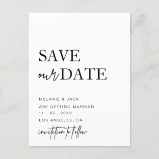 Schwarzweißkalligraphie Save the Date Ankündigungspostkarte