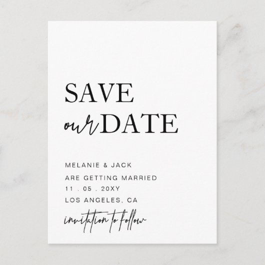 Schwarzweißkalligraphie Save the Date Ankündigungspostkarte (Vorderseite)