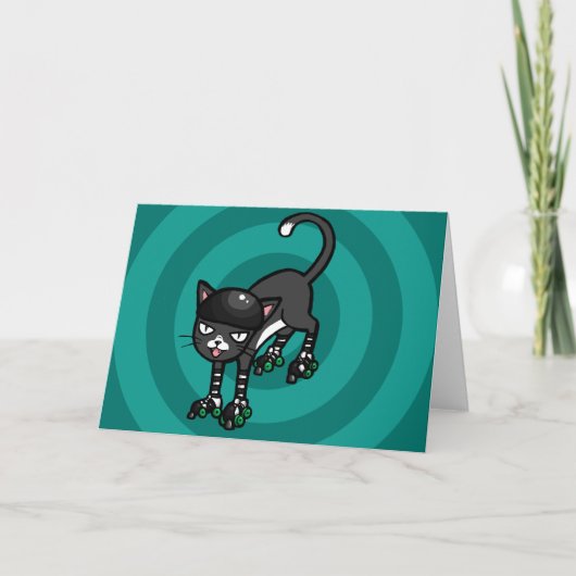 Schwarzweißkatze auf Rollerskiern Karte (Vorderseite)