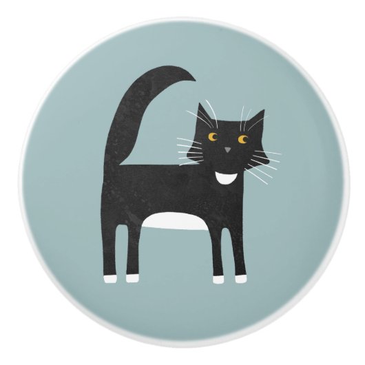 Schwarzweißkatze Keramikknauf (Vorderseite)