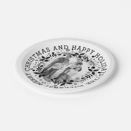 Schwarzweißkranz und Foto Pappteller (Schrägansicht)