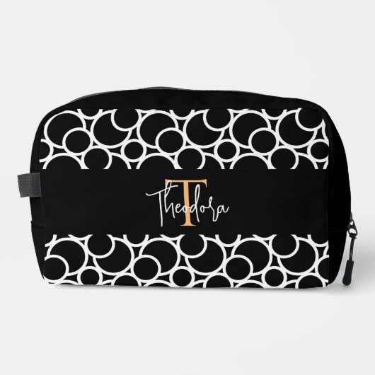 Schwarzweißkreismuster mit Monogramm Waschbeutel (Vorderseite)