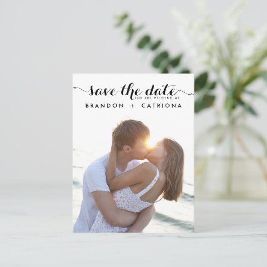 SCHWARZWEISSKRIPT SAVE THE DATE POSTCARD ANKÜNDIGUNGSPOSTKARTE (Stehend Vorderseite)