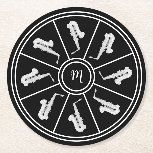 Schwarzweißmotiv mit Saxophonen und Monogramm Runder Pappuntersetzer (Vorderseite)