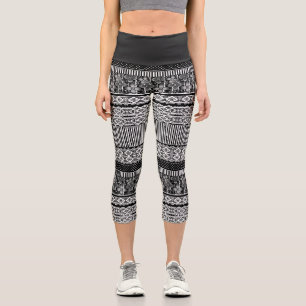 Schwarzweißmuster mit Spitze und Patchworkelemente Capri Leggings