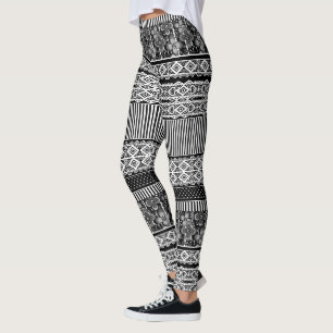 Schwarzweißmuster mit Spitze und Patchworkelemente Leggings