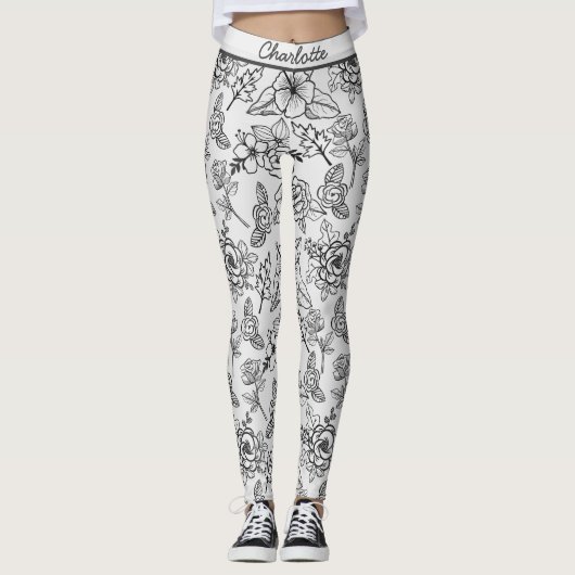 Schwarzweißmuster, nahtlos, floralfarbig, personal leggings (Vorderseite)