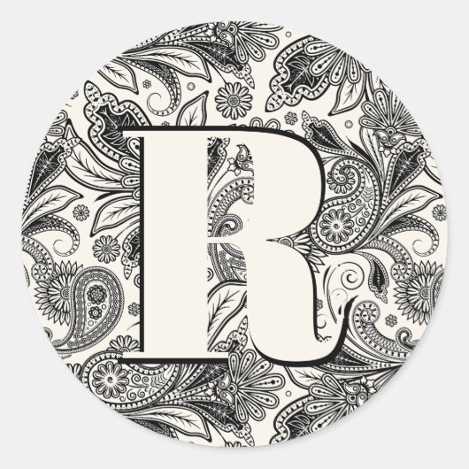 Schwarzweißpaisley-Monogramm Runder Aufkleber (Vorderseite)