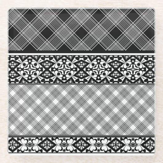 Schwarzweißpatchwork mit Spitze Glasuntersetzer (Vorderseite)