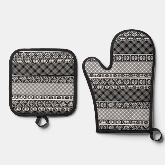 Schwarzweißpatchwork mit Spitze Ofenhandschuh & Topflappen-Set (Vorderseite)