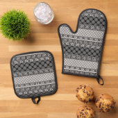 Schwarzweißpatchwork mit Spitze Ofenhandschuh & Topflappen-Set (Oben Unten)